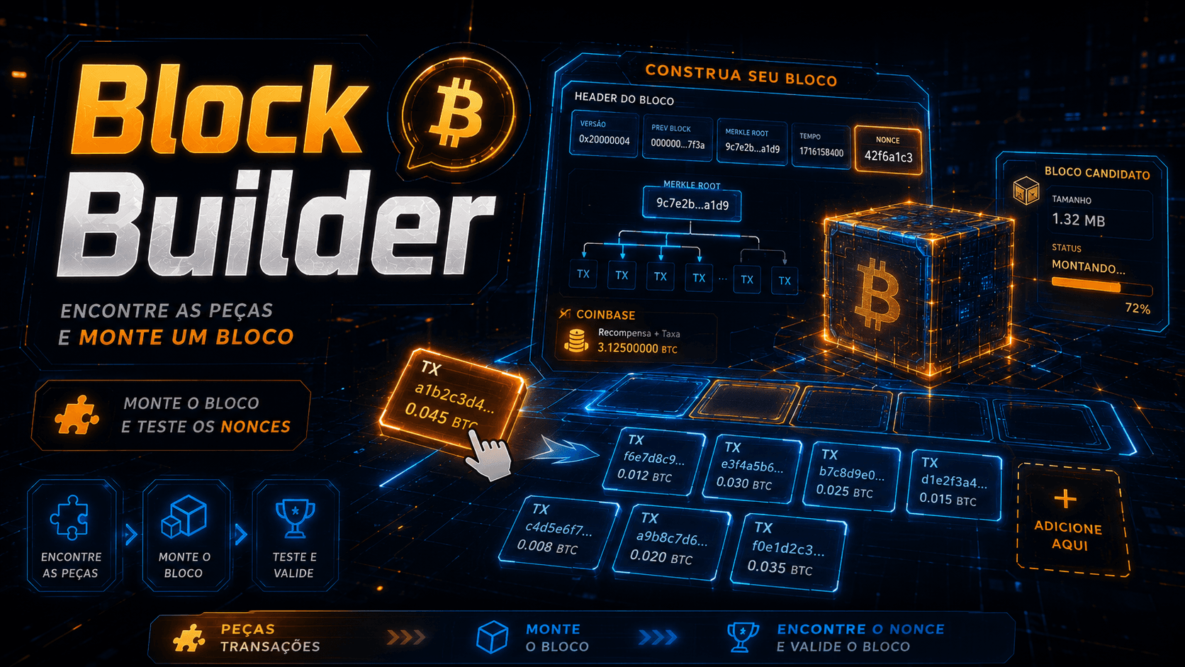 Interface do Block Builder com peças de um bloco Bitcoin e área de montagem