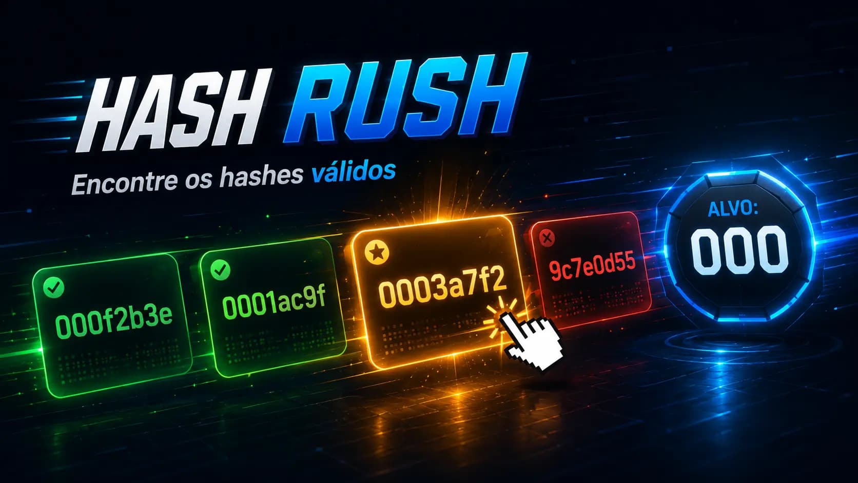 Interface neon do jogo Hash Rush com hashes válidos, inválidos e um hash dourado