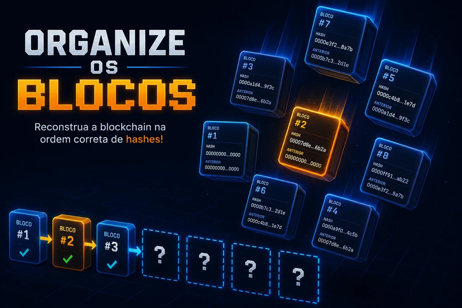 Interface do jogo Organize os Blocos com cards representando blocos da blockchain