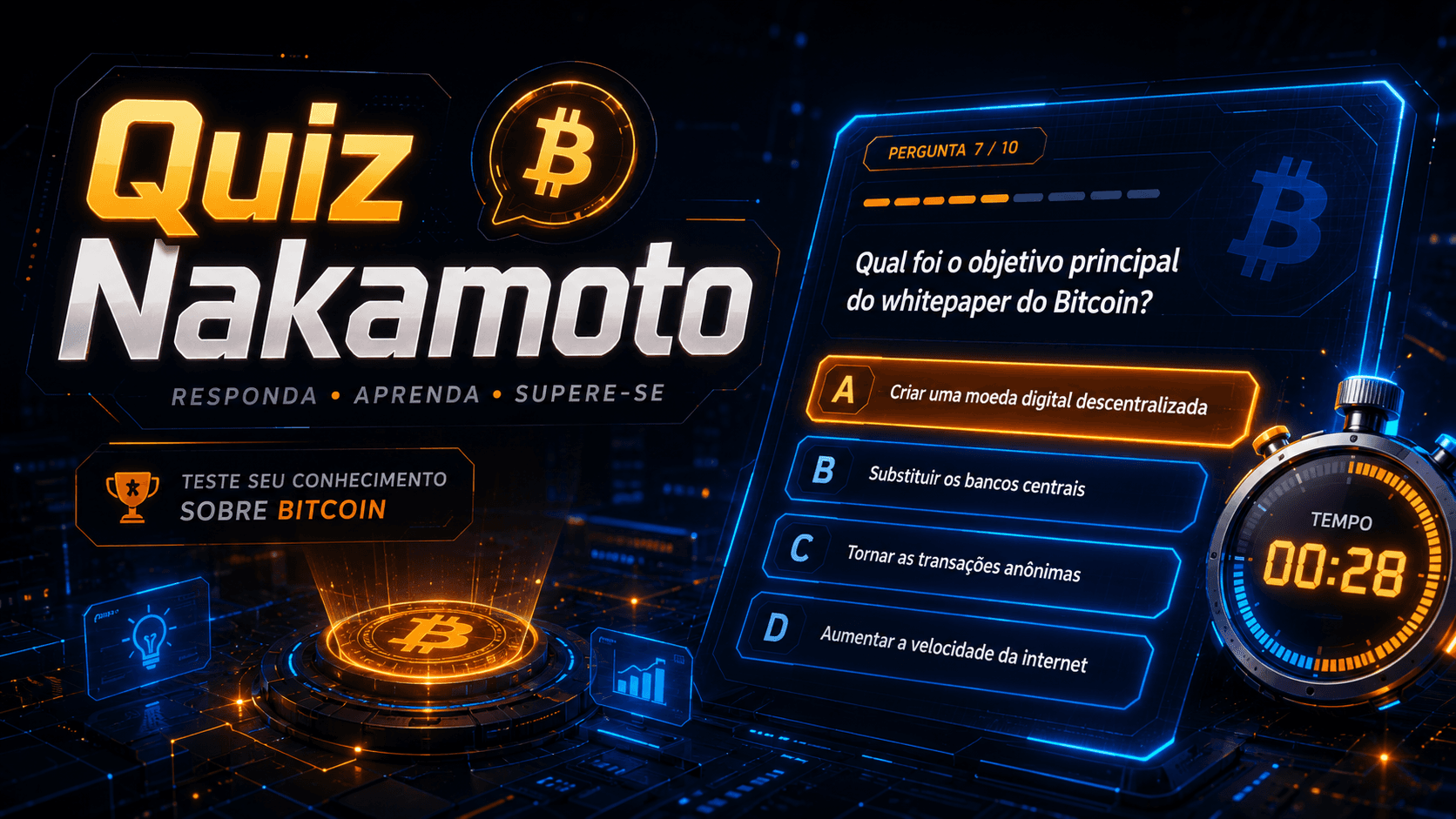 Interface escura e colorida do QuizNakamoto com uma pergunta e quatro alternativas