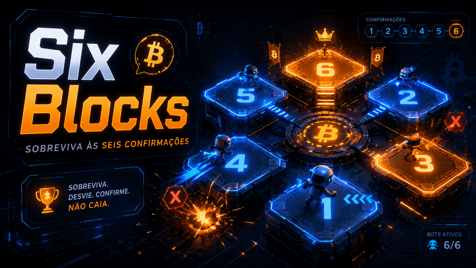 Interface do jogo Six Blocks com arena, bots e blocos inspirados nas confirmações do Bitcoin